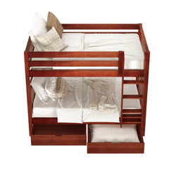 Wooden bunk bed with storage drawers, white bedding, and decorative pillows.
