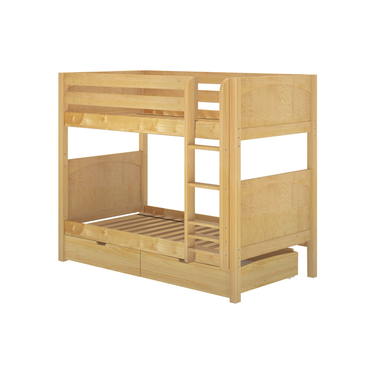 Wooden bunk bed with ladder and drawers for kids or guest room.