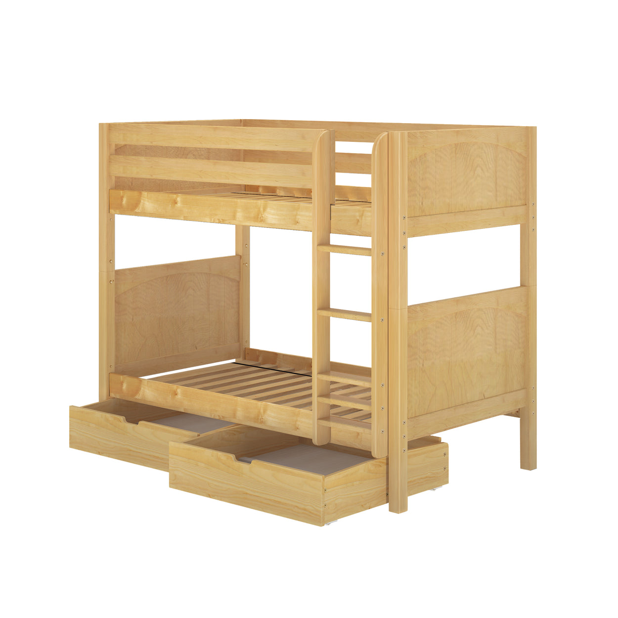 Wooden bunk bed with attached ladder and storage drawers, ideal for kids' room furniture.