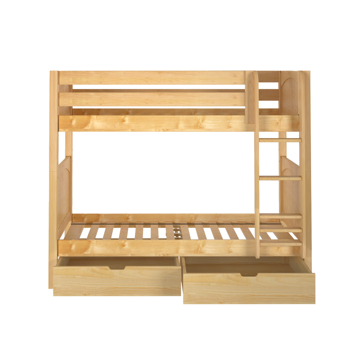 Wooden bunk bed with ladder and storage drawers.