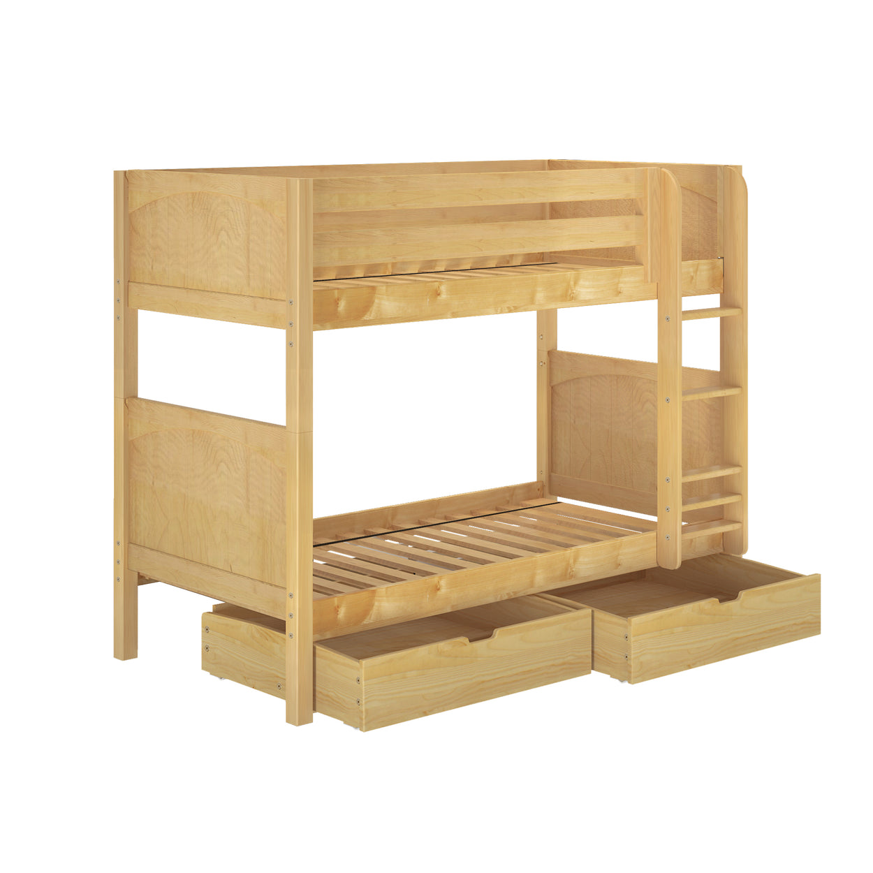 Wooden bunk bed with ladder and under-bed storage drawers, ideal for space-saving and kids' bedrooms.
