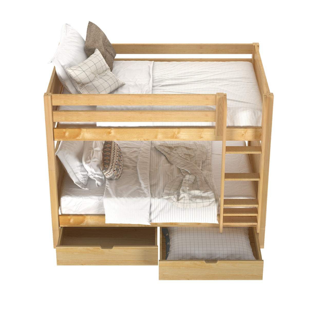 Wooden bunk bed with white bedding and storage drawers, ideal for maximizing space in kids' rooms.