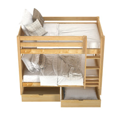 Wooden bunk bed with white bedding and storage drawers, ideal for maximizing space in kids' rooms.