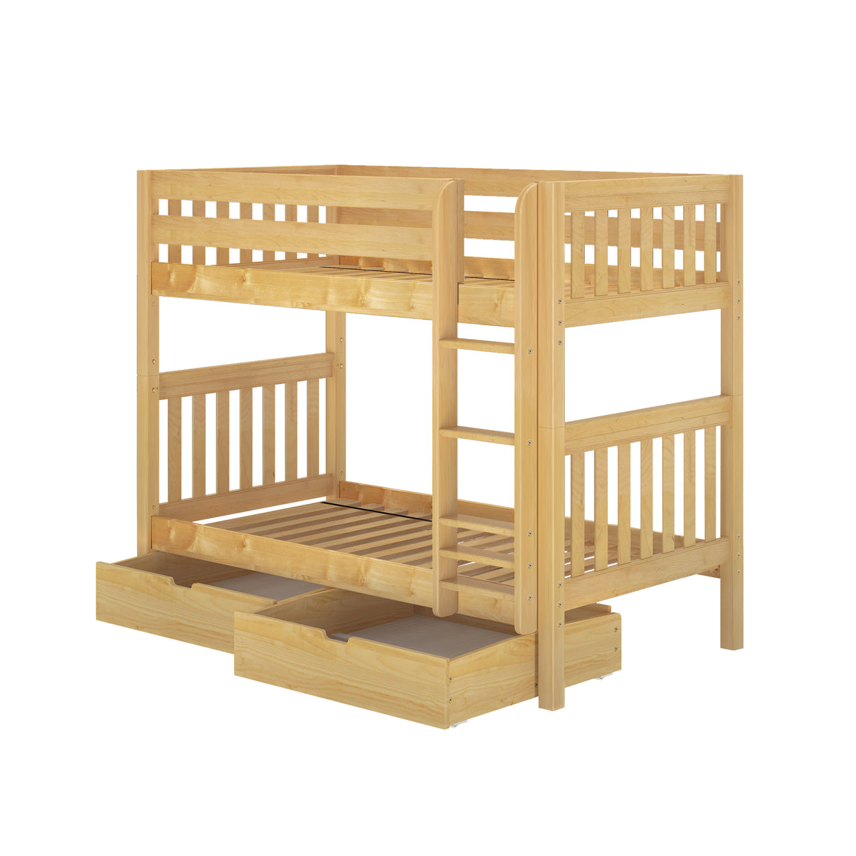 Wooden bunk bed with built-in storage drawers and ladder, perfect for kids' bedrooms or guest rooms.