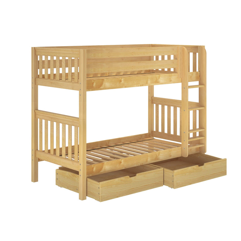 Natural pine wooden bunk bed with ladder, safety rails, slatted mattress platforms and two under-bed storage drawers optimized for small bedrooms