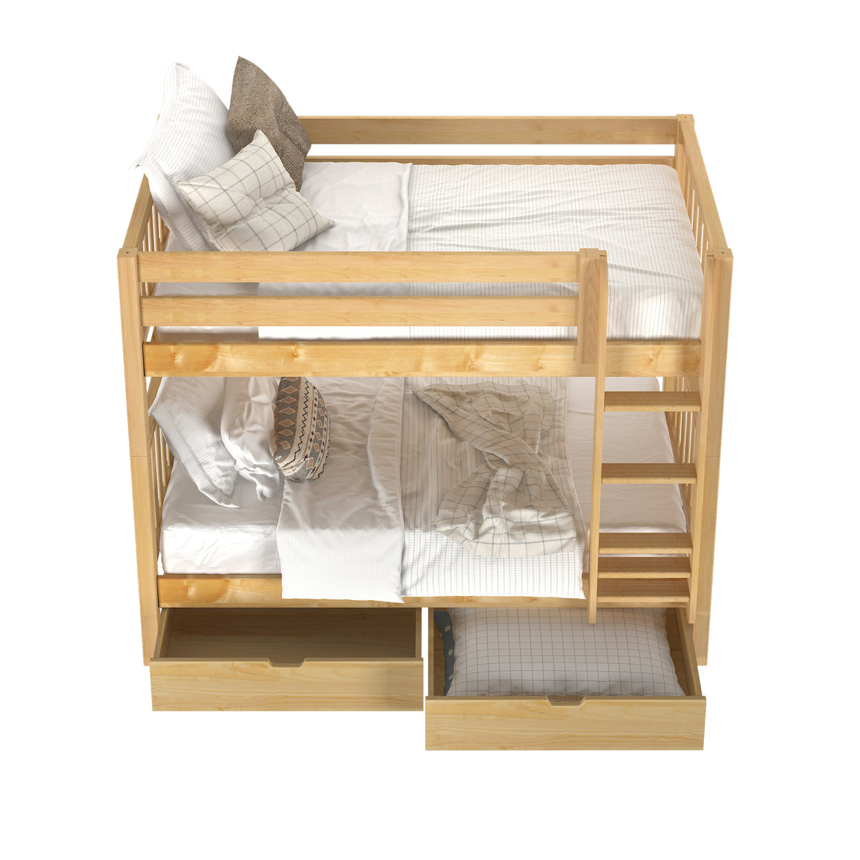 Wooden bunk bed with dual sleeping areas, side ladder, pillows, and under-bed storage drawers.