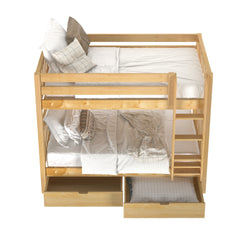 Wooden bunk bed with dual sleeping areas, side ladder, pillows, and under-bed storage drawers.