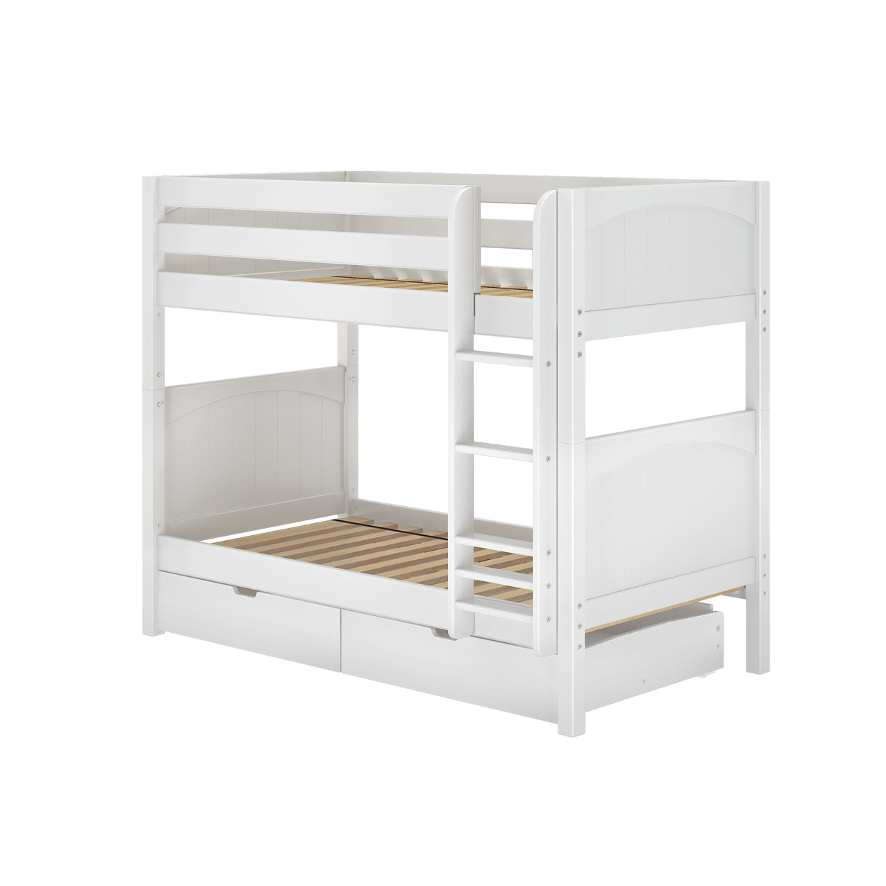 White wooden bunk bed with storage drawers and ladder.