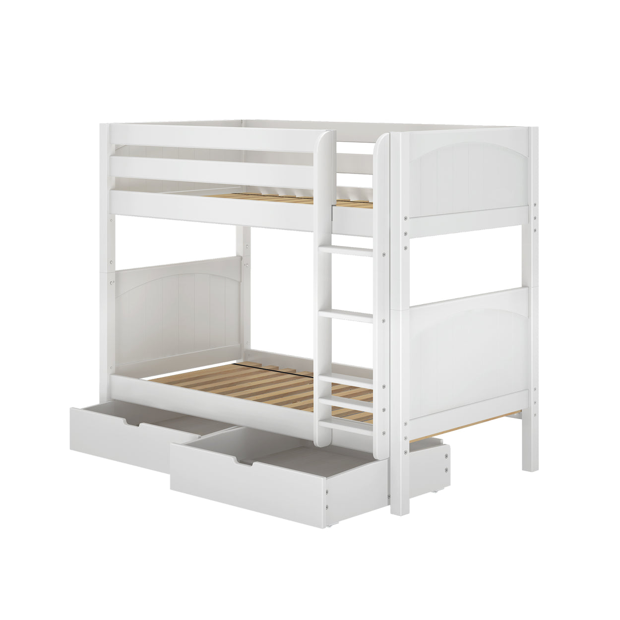 White wooden bunk bed with ladder and storage drawers, ideal for kids' rooms.