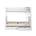 White twin-over-twin wooden bunk bed with ladder, slatted mattress supports and two pull-out under-bed storage drawers
