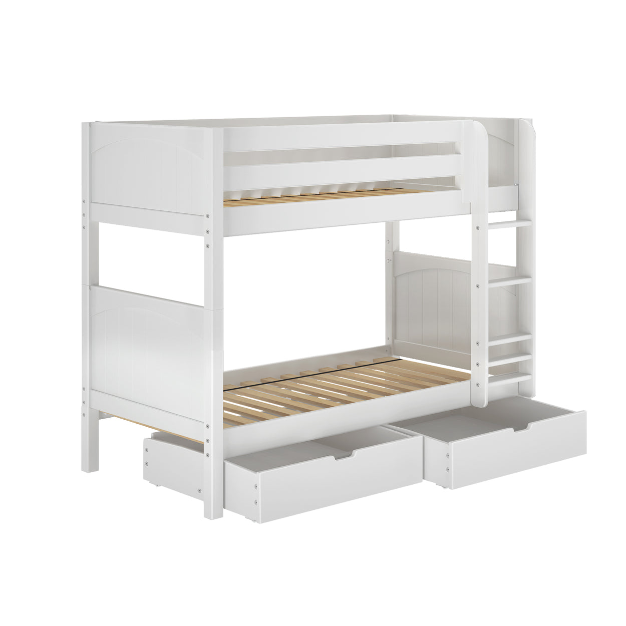 White wooden bunk bed with built-in storage drawers and ladder.