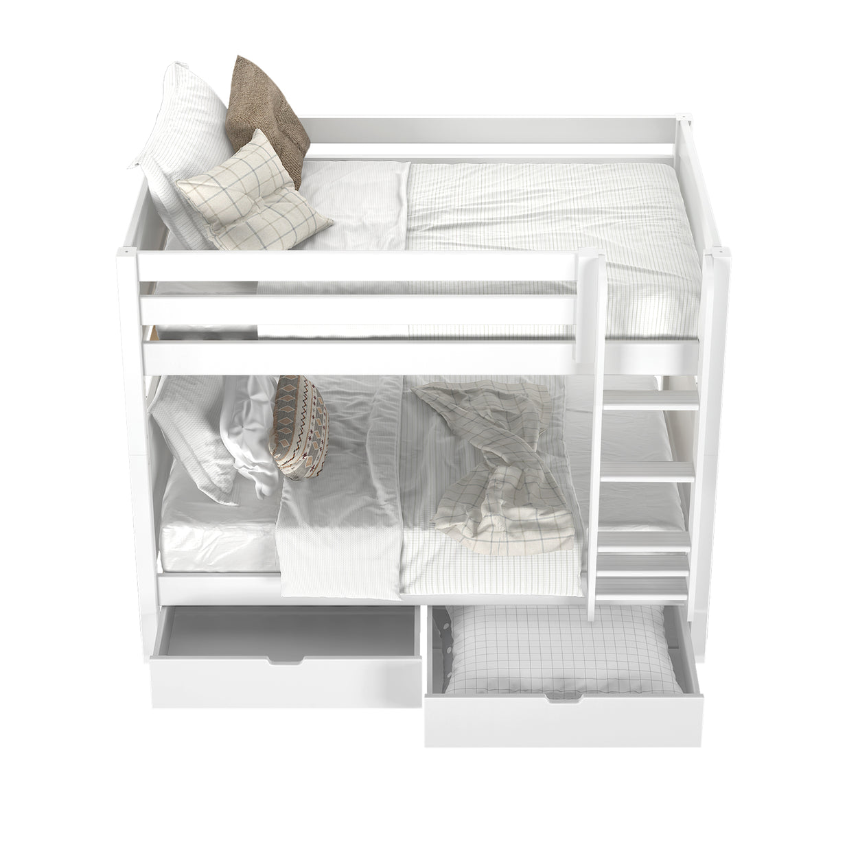White bunk bed with bedding and storage drawers, featuring a sleek ladder for easy access, ideal for maximizing space in small bedrooms.