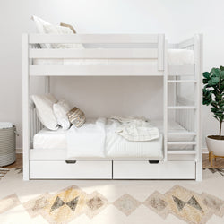 White wooden bunk bed with storage drawers, cozy bedding, and decorative cushions in a modern bedroom setting.