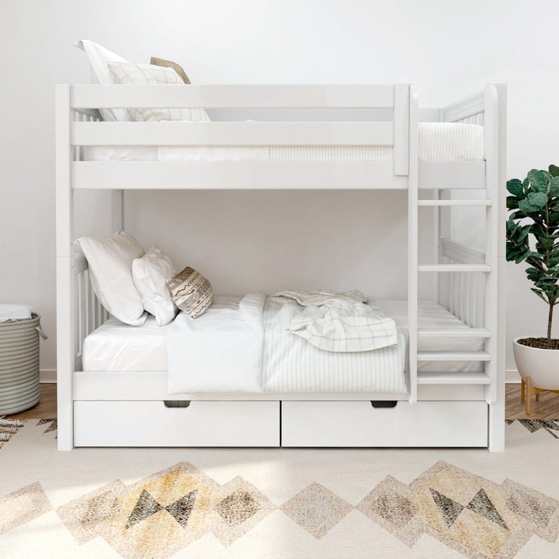 White wooden bunk bed with built-in storage drawers and ladder, neutral linens and boho accent pillows in a modern kids bedroom with potted plant and patterned rug