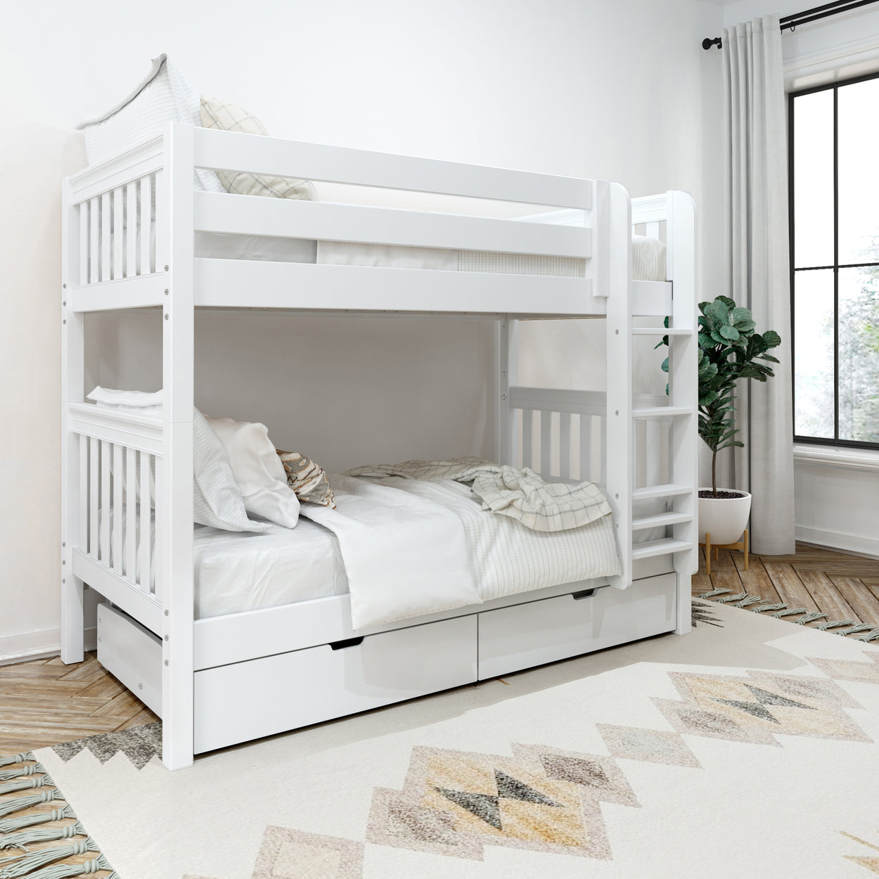 Stylish white bunk bed with storage in a modern bedroom setup.
