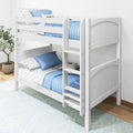 White wooden twin bunk bed with built-in ladder, blue quilted bedding and star-print sheets in a modern kids' bedroom with potted plant and hardwood floor