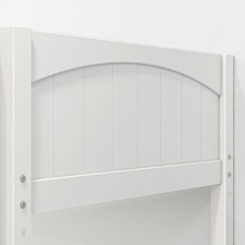 White arched vinyl garden gate close-up, showing vertical panels, curved top rail, horizontal support board and exposed metal bolts