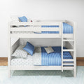 White wooden kids bunk bed with blue quilted bedding, star-pattern sheets and built-in ladder in a modern children's bedroom