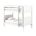 White wooden twin-over-twin bunk bed with ladder, paneled headboards and guardrails, styled with white bedding and pillows for a modern children's bedroom