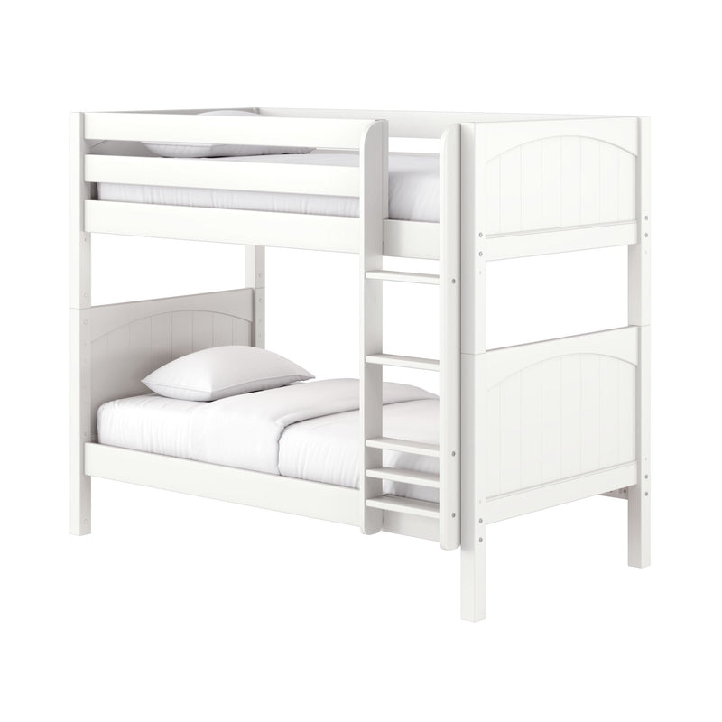 White wooden twin-over-twin bunk bed with ladder, paneled headboards and guardrails, styled with white bedding and pillows for a modern children's bedroom
