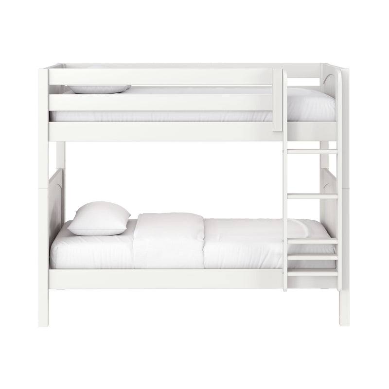 White wooden bunk bed with built-in ladder and guard rails, minimalist space-saving design with white bedding