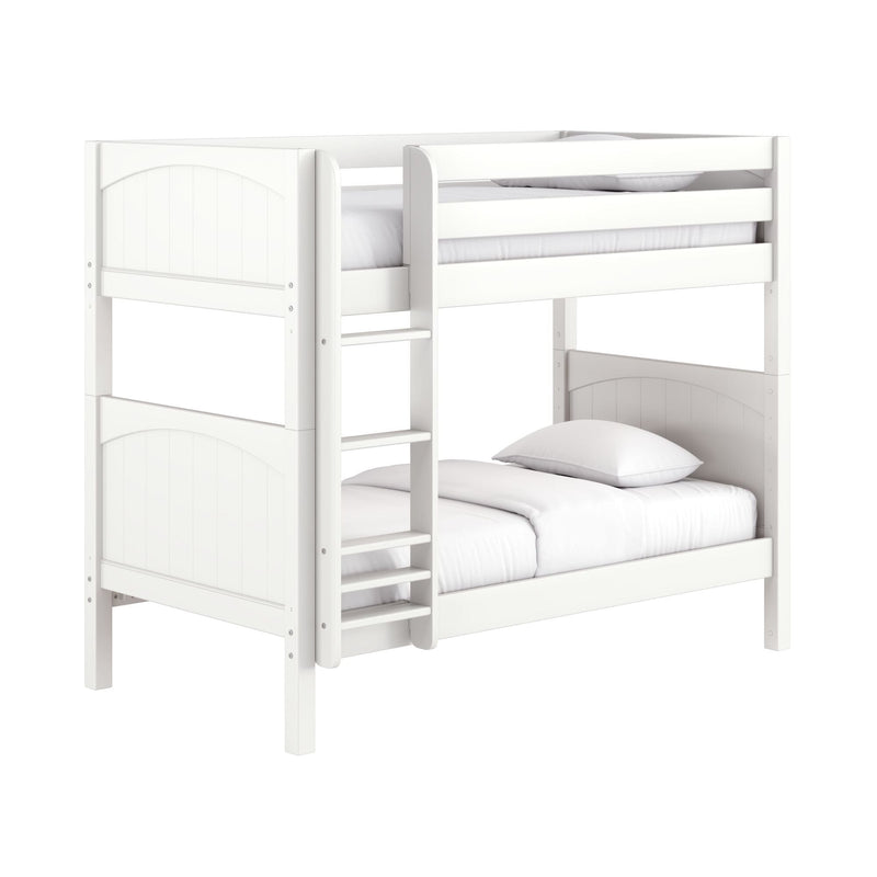 White wooden space-saving bunk bed with integrated ladder, safety guardrails and white bedding — modern kids' loft bed for small bedrooms