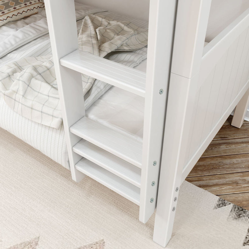 Close-up of white wooden bunk bed ladder and safety steps with beige plaid bedding on a farmhouse-style hardwood floor