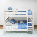 White wooden bunk bed with top and bottom bunks, blue quilted comforters, star-print sheets and pillows, and built-in ladder in a modern children's bedroom