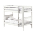 Space-saving white wooden bunk bed with ladder, slatted guardrails and white bedding — modern kids' loft bed for small bedrooms