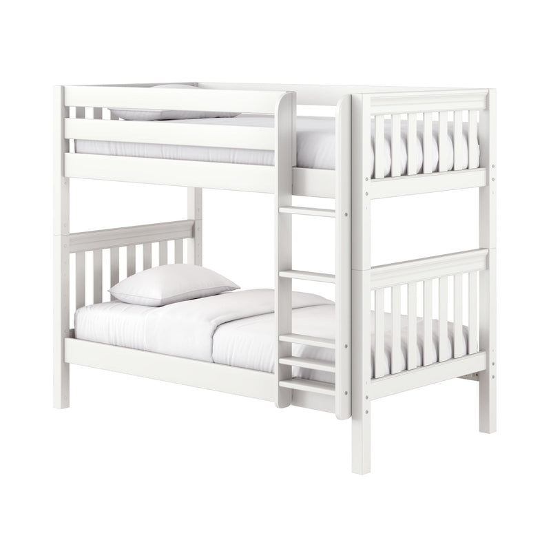 Space-saving white wooden bunk bed with ladder, slatted guardrails and white bedding — modern kids' loft bed for small bedrooms
