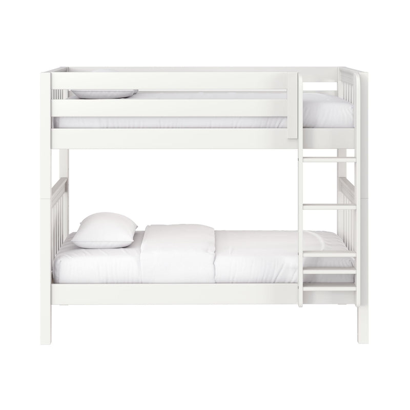 White wooden twin-over-full bunk bed with ladder and guardrails, white bedding and pillows, modern space-saving design