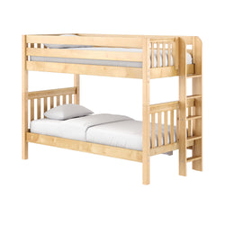 Natural wood bunk bed with ladder and slatted guardrails, white bedding — space-saving kids' loft bed