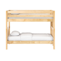 Light wood bunk bed with guardrails and white bedding — modern loft-style wooden bed for kids and teens