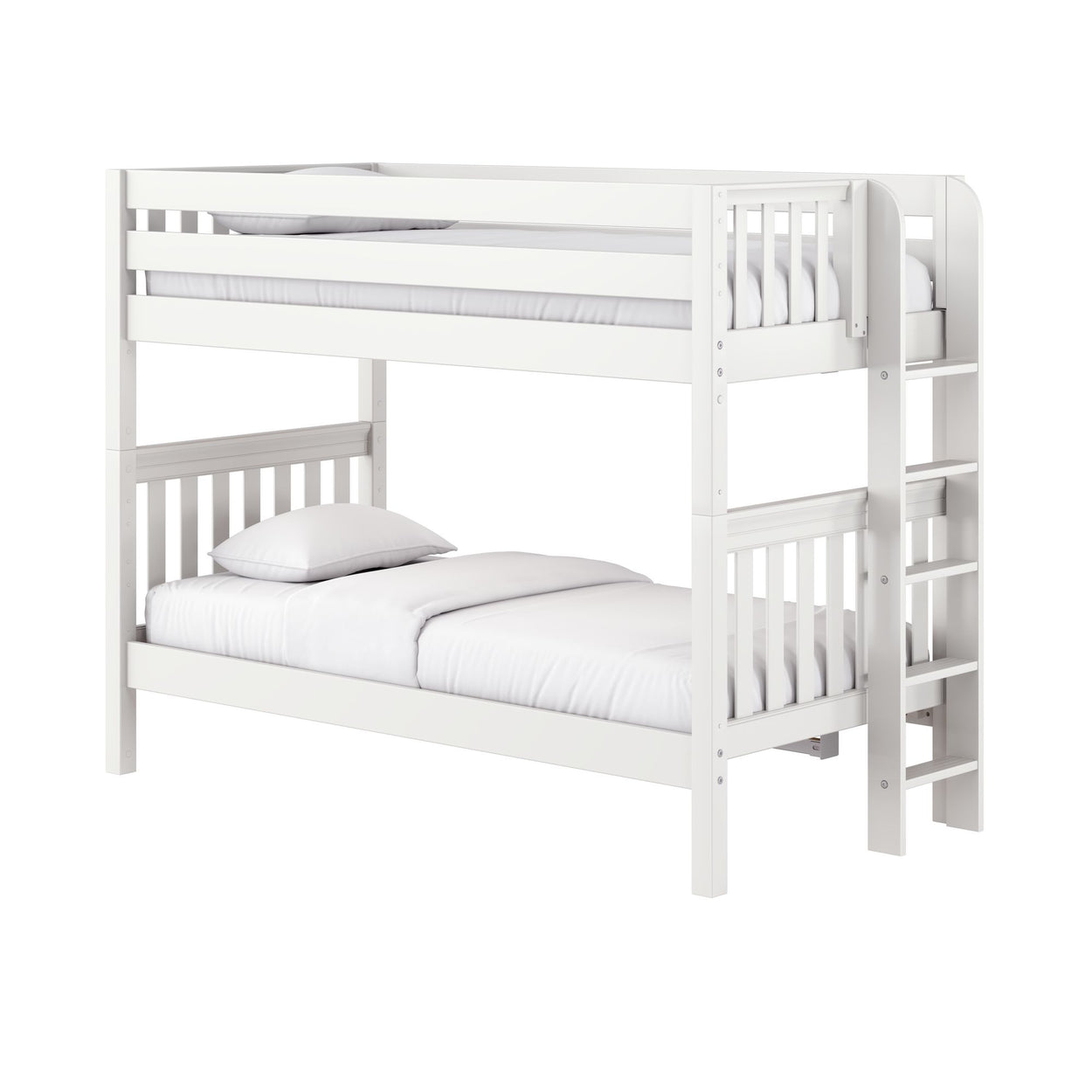 Modern white wooden bunk bed with ladder, slatted guardrails and white bedding for kids bedroom