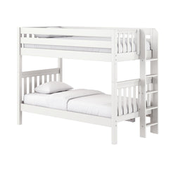 Modern white wooden bunk bed with ladder, slatted guardrails and white bedding for kids bedroom