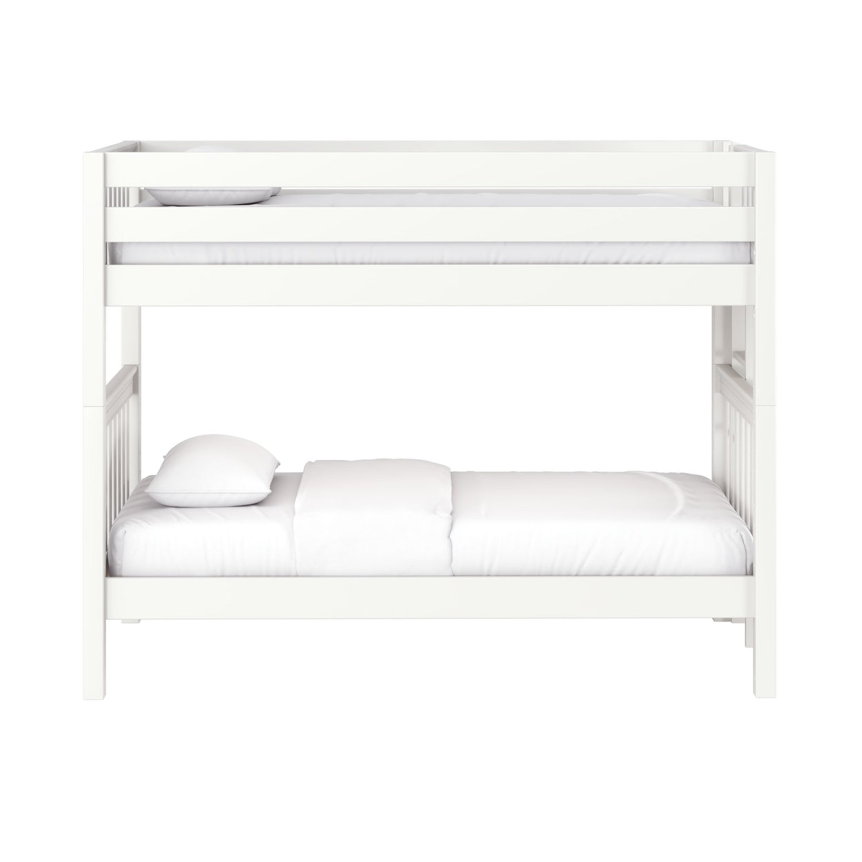 White wooden bunk bed with top guardrail and lower twin mattress dressed in white linens on a clean white background