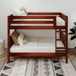 Wooden bunk bed with white bedding and decorative pillows in a cozy, minimalistic bedroom setting.