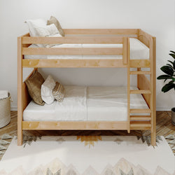 Wooden bunk bed with white bedding and decorative pillows in a cozy bedroom.