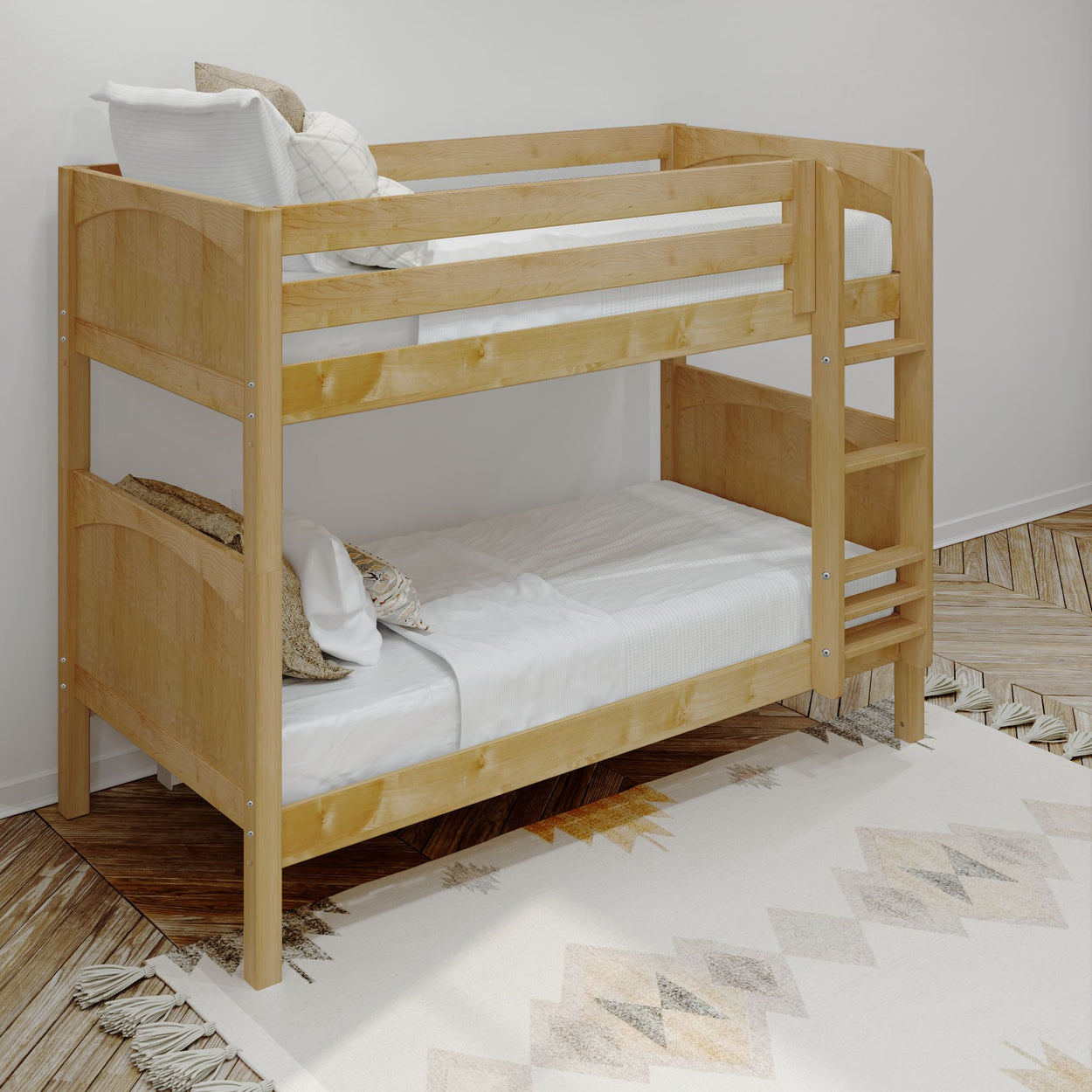 Wooden bunk bed with white bedding in a modern bedroom setting.