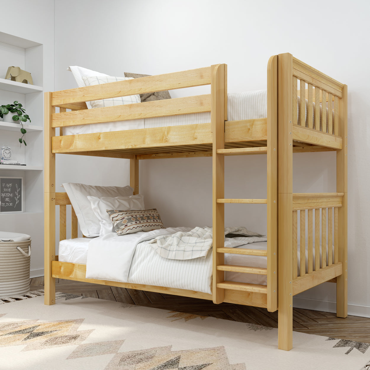 Wooden bunk bed with white bedding in a modern bedroom setting.