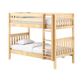 Natural maple wooden twin-over-full bunk bed with ladder, guardrails and white bedding