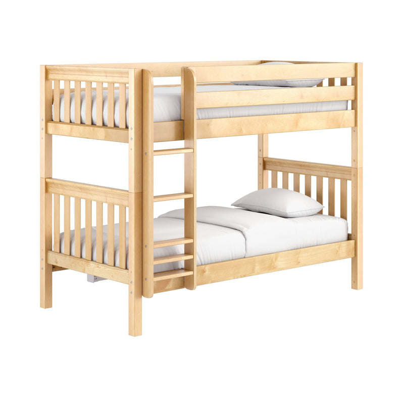 Light natural wood twin-over-full bunk bed with built-in ladder and white bedding — modern solid-wood, space-saving children's loft bed
