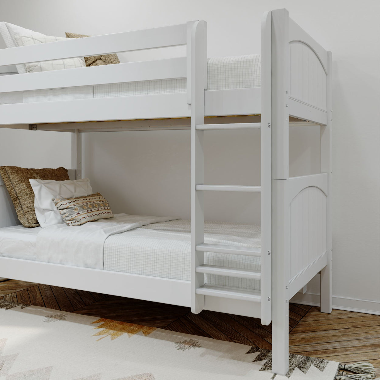 White wooden bunk bed with cozy bedding and decorative pillows in a modern bedroom setting.