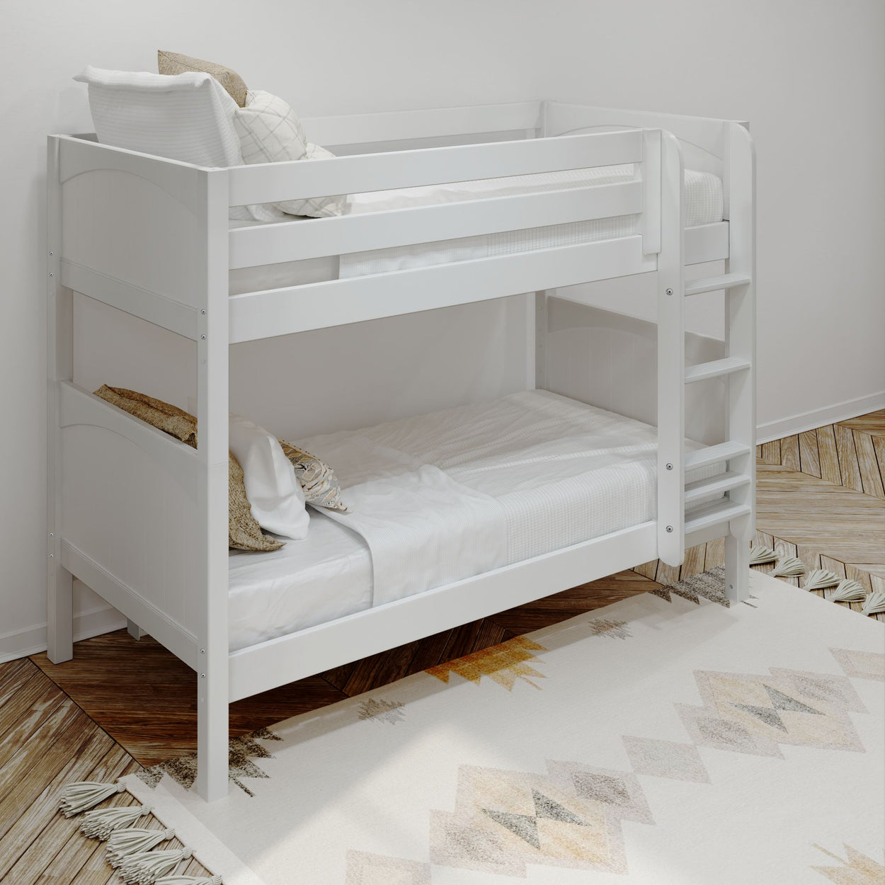 White wooden bunk bed with bedding and decorative pillows in a minimalist bedroom setting.