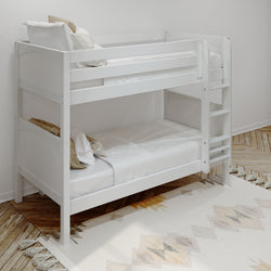 White wooden bunk bed with bedding and decorative pillows in a minimalist bedroom setting.
