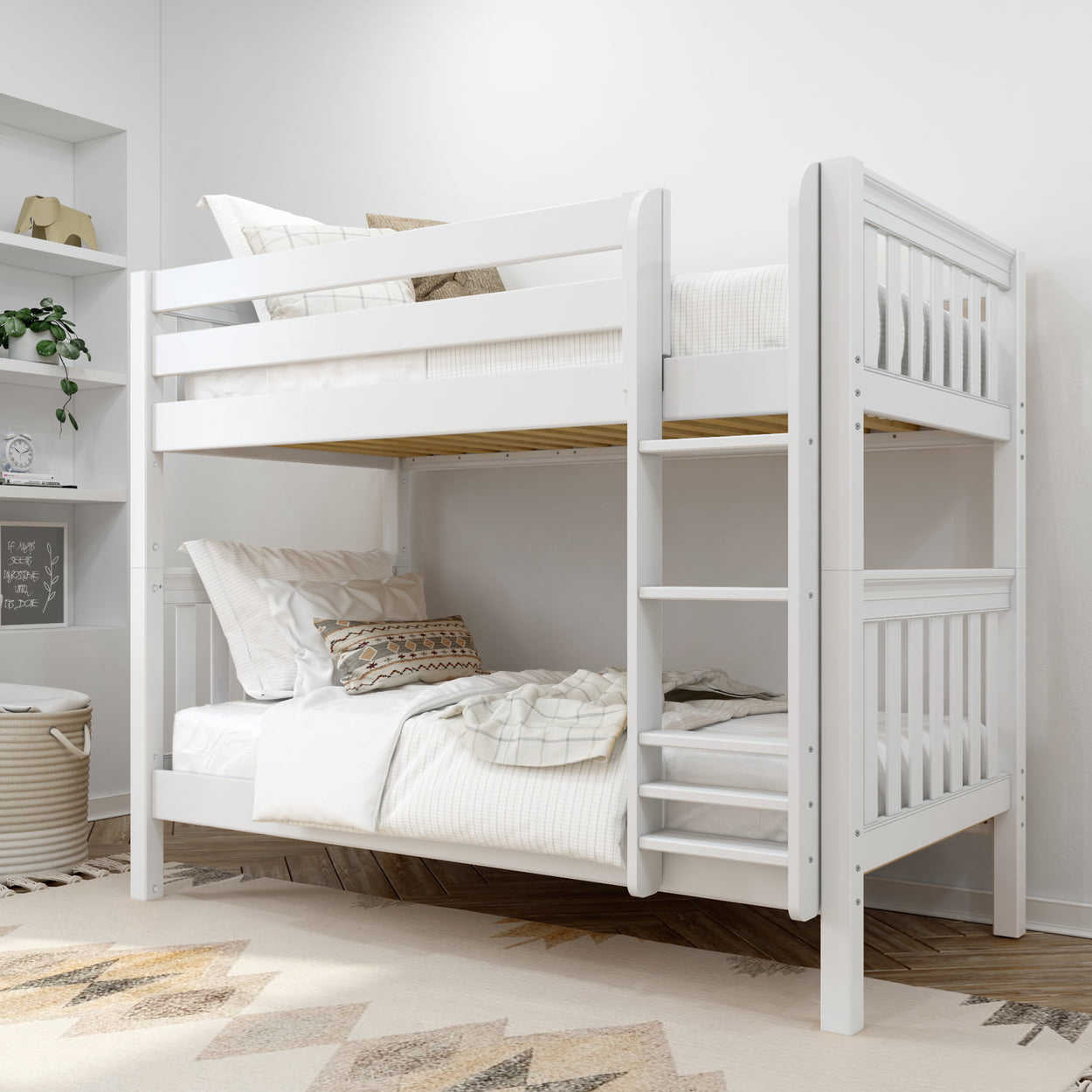 White wooden bunk bed with ladder in a cozy children's bedroom featuring neutral bedding and decorative accents.