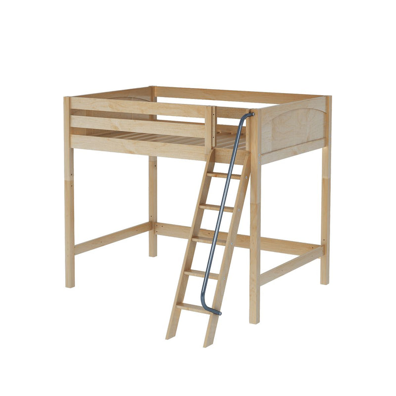 Natural pine loft bed frame with guardrails and angled ladder, a space-saving high sleeper bed for kids and teens