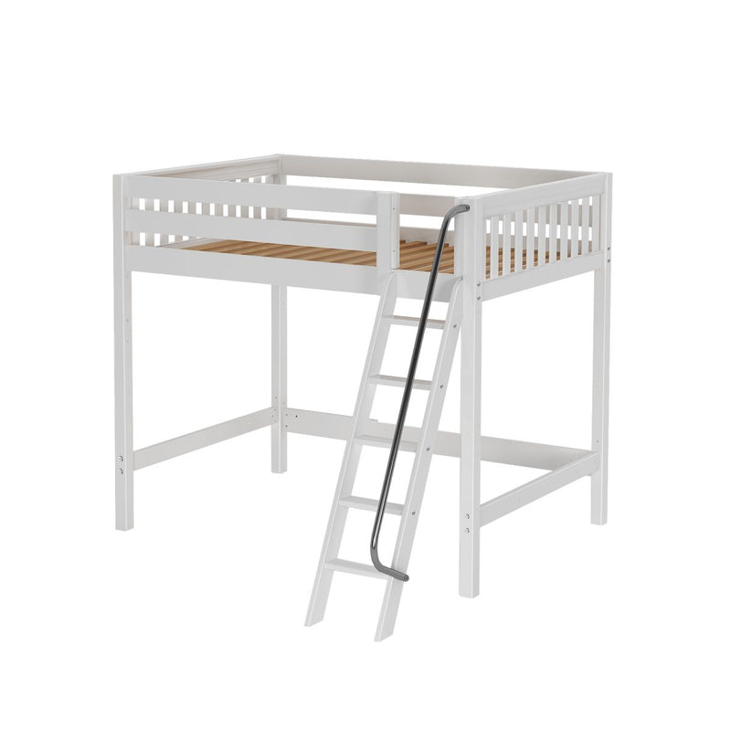 White wooden loft bed with guardrails and angled ladder, natural slatted mattress platform, space-saving high-sleeper bed for kids and teens