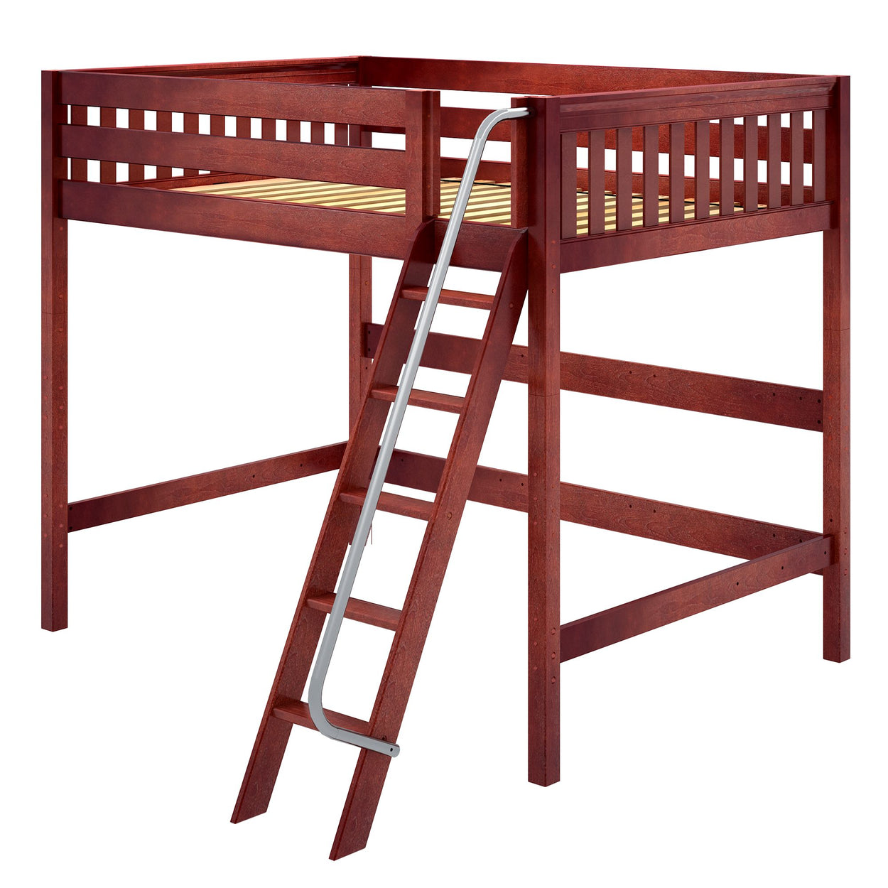 Wooden loft bed frame with ladder for small space living.