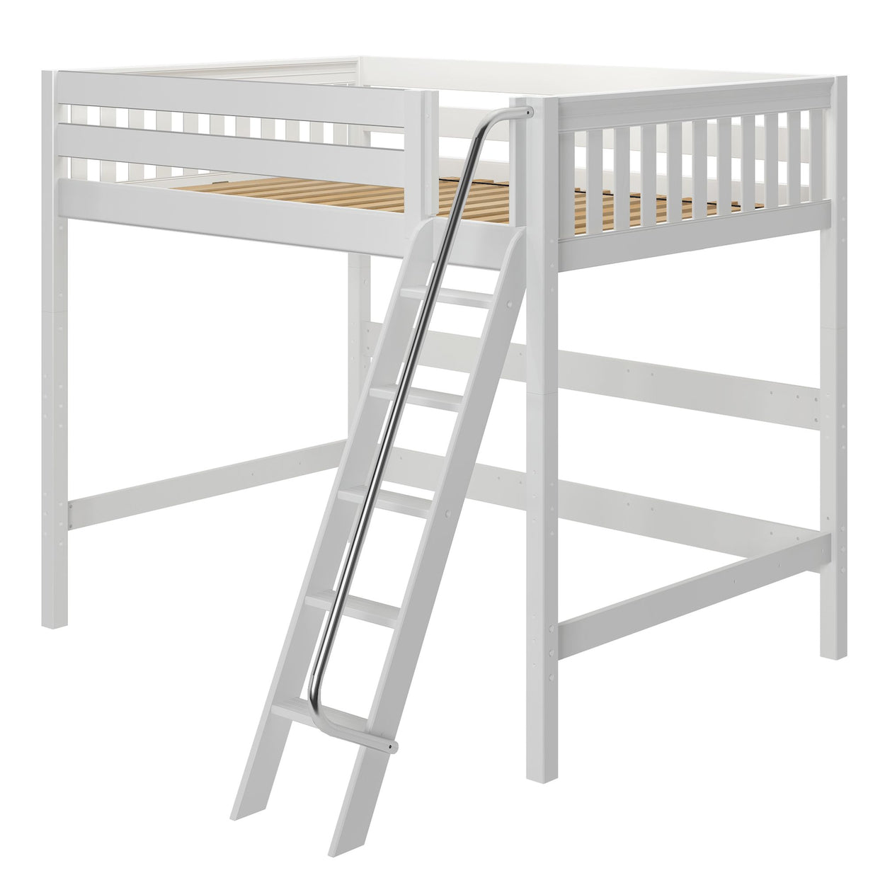 White wooden loft bed with ladder for space-saving bedroom furniture.